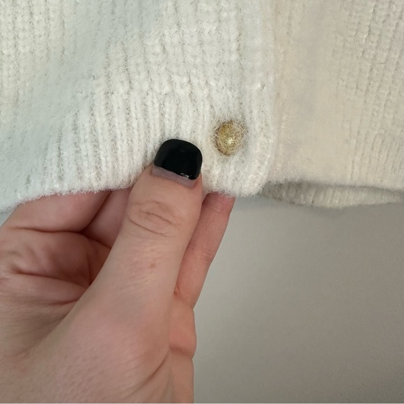 Carrement Beau | White Fuzzy Gold Button Knit Cardigan Sweater Size 12 - Picture 4 of 6